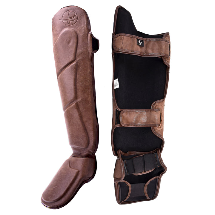 PFG Brown Vintage Genuine Leather Shin Instep - Boxing MMA Muay Thai Protection & Training